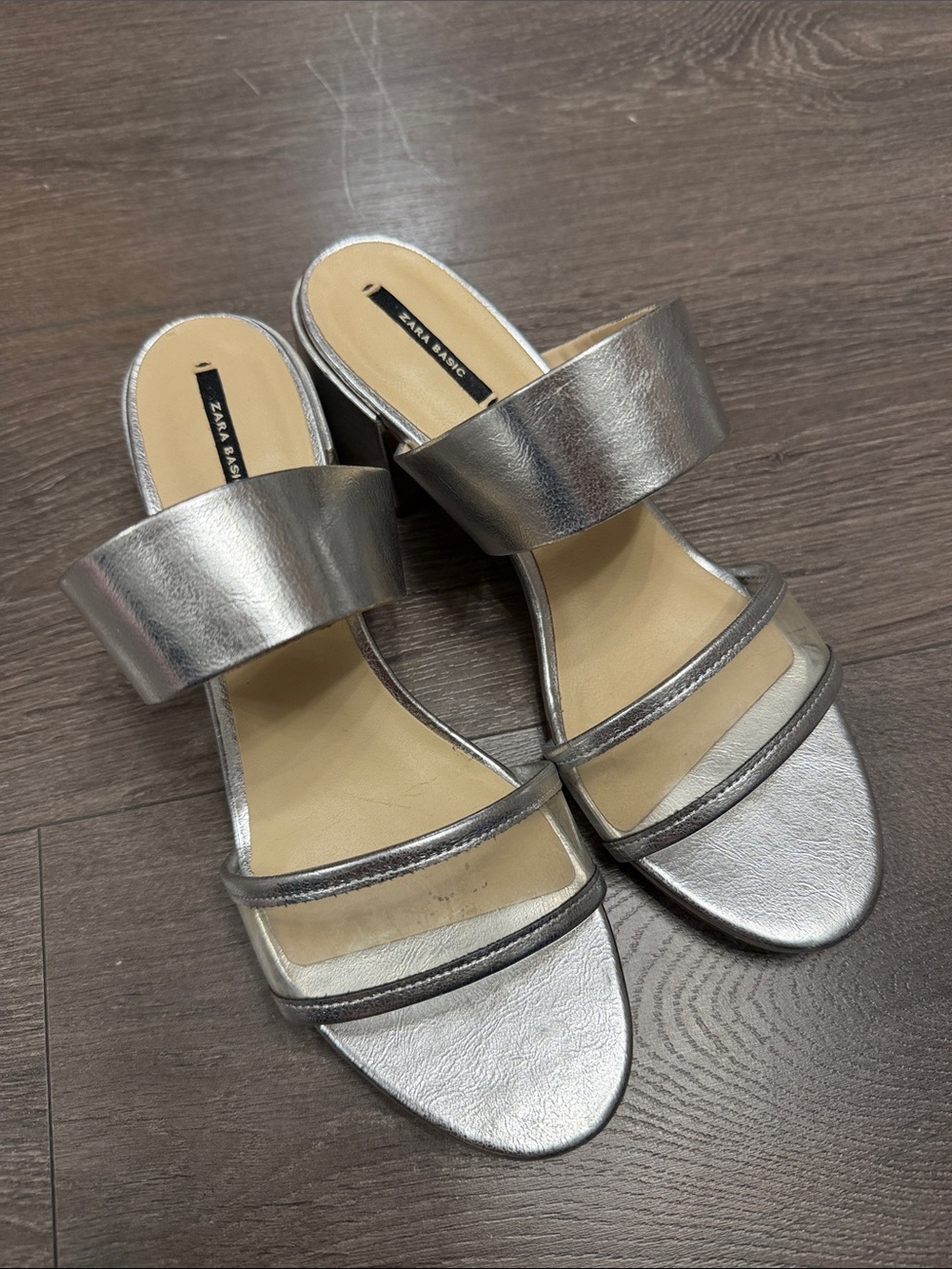 Zara Silver Metallic Double-Strap Slide Mules